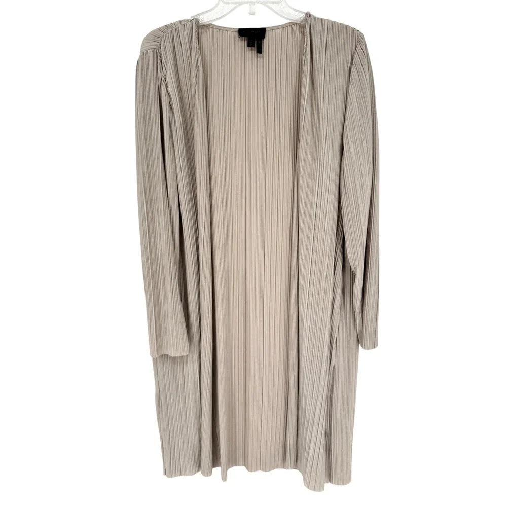 Donna Karan NY Pleated Lightweight Overlay Jacket Long Line‎ Tan Sz M Minimalist